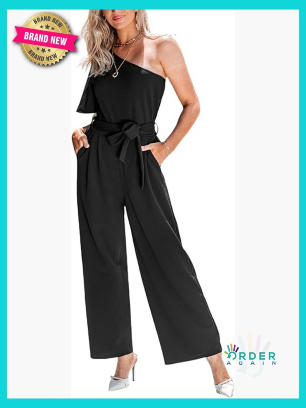 One Shoulder Jumpsuit Wide Leg Short Sleeve Belted Dressy Elegant Chic Spring
